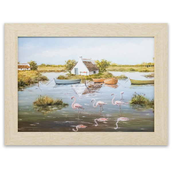 Photographie encadrée de format 24x18cm. ''Flamants de Camargue au marais'', Reproduction d'une œuvre d’art du peintre Claude Legrand