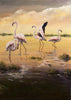 4 flamants roses dans le couchant, reproduction d’une œuvre de Claude Legrand