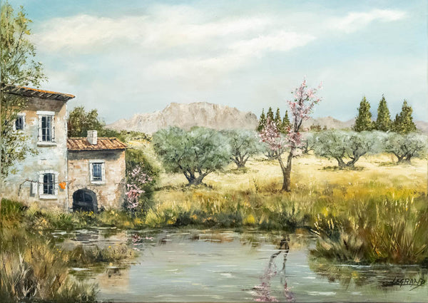 Mas de Provence et son étang au printemps, reproduction d’une œuvre de Claude Legrand