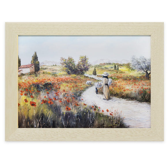 Photographie encadrée de format 24x18cm. ''Bergère de Provence et son troupeau'', Reproduction d'une œuvre d’art du peintre Claude Legrand