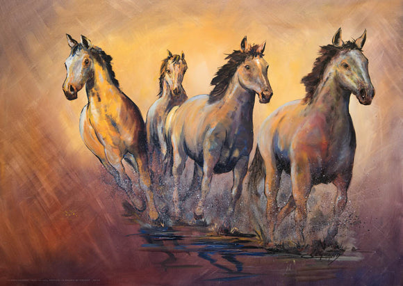 Quatre chevaux Camargue au galop, reproduction d’une œuvre de Claude Legrand