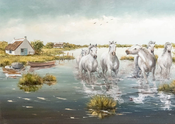 Troupeau de chevaux dans un marais de Camargue, reproduction d’une œuvre de Claude Legrand