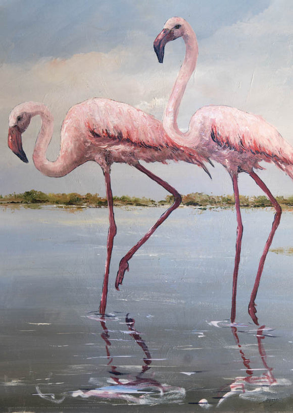 Duo de flamants roses de Camargue, reproduction d’une œuvre de Claude Legrand