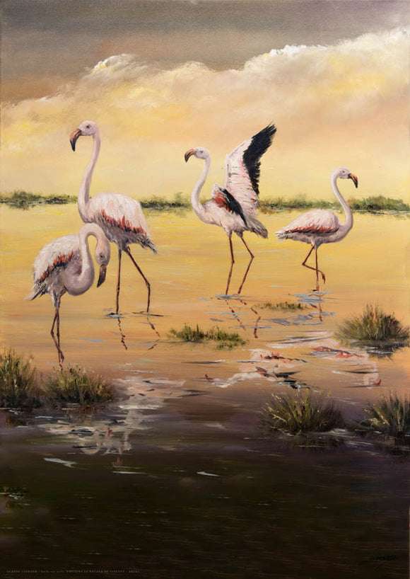4 flamants roses dans le couchant, reproduction d’une œuvre de Claude Legrand
