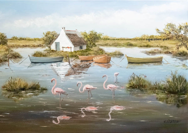 Flamants roses au marais, reproduction d’une œuvre de Claude Legrand