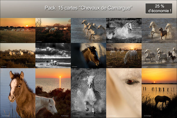 Pack de 15 cartes postales de luxe ''Chevaux de Camargue''
